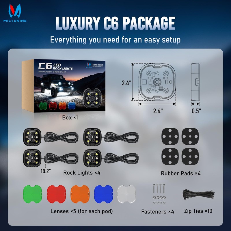 MICTUNING C6 White Rock Lights 4 Pods, Spot & Flood