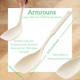 Armrouns Large Silicone Cooking Spoon 2PC, 12 -inch Non-Stick Spoonula set Deep Bolw & Measurement Mark for Mixing,Serving, Scooping, Scraping, Kitchen Utensils Spoons (White & Green)