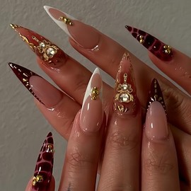Uñas postizas almendradas con detalles dorados, manicura francesa nude y burdeos, 24 unidades