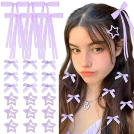STGDAK 24Pcs Mini Hair Bows for Women Girls Cute Star Hair Clip Ribbon Bows Long Tail Kawaii Star Snap Barrettes Small Ribbon Bow Alligator Clip Purple Satin Ribbons Bow Barrette Y2k Accessories