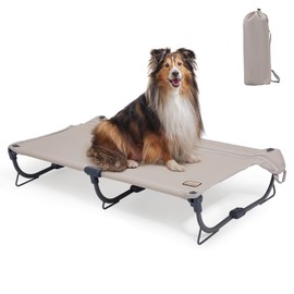 CANINE CANYON Daisy Cot, Medium Foldable Elevated Dog Bed, Portable Raised Outdoor Folding Dog Cot, Cooling, Chew Proof, Waterproof, Heavy Duty Up to 160 lbs for Camping/Home, Tan, 32"x 19"x6"