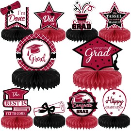 10PCS Class of 2025 Graduation Party Decorations 2025 Congrats Grad Honeycomb Centerpieces Congratulate Graduation Table Toppers for Graduation Party Favor Supplies(Black Maroon)