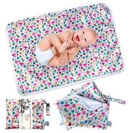 Flockthree Waterproof Baby Diaper Changing Pad with Storage Bag (28.7" X 19.7") Washable Wipeable Reusable Leak Proof Diaper Travel Mat Station Changing Mattress Liner Cribs Bed Cover, Flamingos