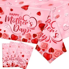 3Pcs Mothers Day Decorations Tablecloth, Happy Mothers Day Tablecloth Pink Rose Heart Disposable Waterproof Plastic Table Covers for Mother's Day Table Decorations