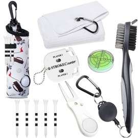 karamagic 11 Pcs Golf Accessories Kit, Include Golf Tees Golf Towel Golf Ball Bag with Hook Cleaner Brush Golf Ball Marker Golf Divot Tool Golf Score Counter