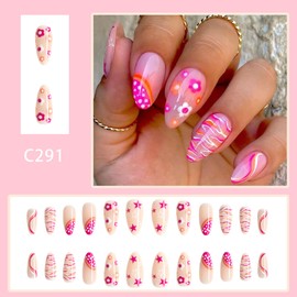 Medium Press on Nails Almond, Flower Fake Nail, Glossy Pink False Nails, Artificial Glue on Nails, Spring Colorful Flower Stripes Almond Nails, Irregular Bot Medium Nails for Women