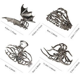4PCS Halloween Spider Hair Clips Black Bat Skeleton Hand Skull Claw Clips for Women,Large Medium Size for Thick Thin Hair,Hiphop Metal Hair Accessories for Halloween Decor Party Gift