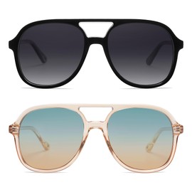 Appassal Retro Polarized Aviator Sunglasses Womens Men Vintage Double Bridge Square Sun Glasses AP3606, Black/Grey & Brown/Green