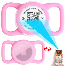 ThinkPet AirTag Dog Collar with QR Code, Smart Pet ID Tag, Dual Loop Tracker Holder with Smart QR Code, Waterproof, Dustproof, Silent Airtag Holder, Middle Pink