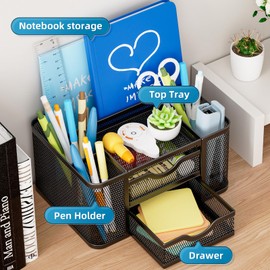 Marbrasse Mesh Desk Organiser, Pen Organiser with 2 Drawer, Multi-Functional Pencil Holder for Desk, Desk Organisers and Accessories with 5 Compartments + Drawer for Home Office Supplies (Black)
