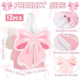 Chiisong 12 Pcs Coquette Pink Bow Gift Bags with Handle Mini Cute Bow Paper Party Favor Goodie Candy Treat Bags for Birthday Baby Shower Wedding Bridal Shower Bachelorette Party Decoration Supplies