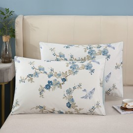 Styho 100% Egyptian Cotton Floral Printed Pillow Cases 2 Pack Standard Size Pillow Cover for Hair and Skin(Aqua blue,50 x 75cm)