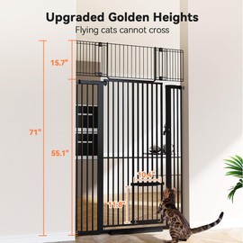 COMOMY 71" Extra Tall Pet Gate for Cats, 29.5-40.6" Extra Wide Cat Gate with Adjustable Cat Door, Pressure Mounted Easy Walk Through Pet Gate with Door for Stairs, Doorways, Kitchen(Black)