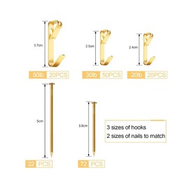 Romeda 184 Pieces Picture Hanging Kit, 20lb, 30lb, and 50lb Picture Hangers, Metal Picture Hanging Hooks with Nails, on Drywall, Wooden Wall(Gold)