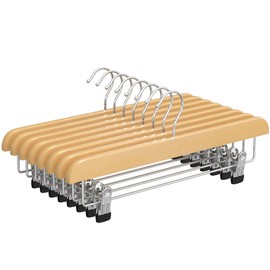 SONGMICS Wooden Pants Hangers 8 Pack, Pants Hangers with Adjustable Anti-Rust Metal Clips, 360° Swivel Hook, Skirt Hangers for Pant, Skirts, Natural Grain UCRW008-8