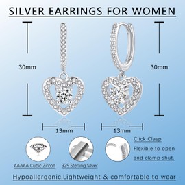 Lynizo Silver Hoop Earrings, 925 Sterling Silver Heart Drop Earrings for Women, Dangle Earring with Heart Zircon, White Gold Hypoallergenic Crystal Dangly Ear Rings, Birthday Gifts for Girls Ladies