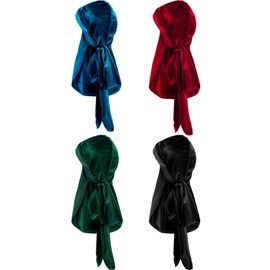 Tatuo 4 Pieces Men's Velvet Durag with Long Tail Soft Durag Headwraps for 360 Waves (Black, Green, Red, Royal Blue) (Hole Blue, Green, Red, Black)