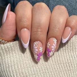 French Press on Nails Medium Almond Fake Nails Floral False Nails with Designs Purple French Nails Cute Bow Acrylic Nails Glossy Full Cover Glue on Nails for Women Girls 24 Pcs