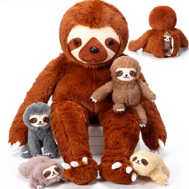 Kasyat 5 Pcs Sloth Plush Toy Set 13 Inch Mommy Sloth Stuffed Animal with 4 Cute Baby Plushies in Zippered Belly for Kids Birthday Gifts Home Decors Baby Shower Party Favors(Brown)