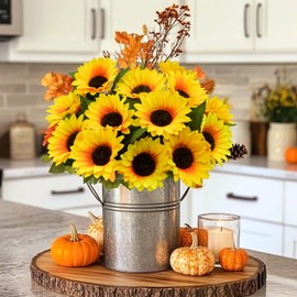 16 Pcs Sunflowers Artificial Flower with Stems Fake Silk Sunflower Faux Floral Bouquet Arrangement for Vase Wedding Party Tables Centerpieces Home kitchen Porch Indoor Outdoors Garden Wreath DIY Decor