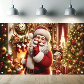 Tomhong Santa Claus Christmas Banner 71x43 Inch Gift Box Tree Fireplace Decoration Photography Background for Holiday Party