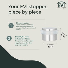 EVI Herrajes | Adhesive Door Stopper - Solid Stainless Steel - White Rubber Protector - W=0.94 x H=0.79 Inch Door Stop