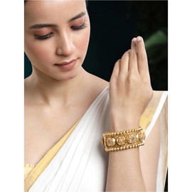 Aheli Gold Plated Synthetic Stone Studded Dome Style Thick Single Piece Openable Kada Bangle Traditional Jewellery Gift for Women Size 2.4"