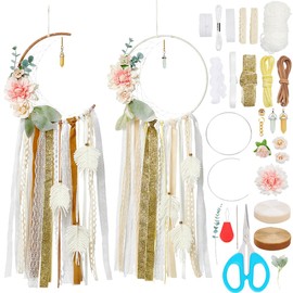 BEUNITONE DIY Moon Flower Dream Catcher Kit for Beginner 2 Set Boho Feather Lace Flowers Vivid Dream Catcher for Wall Decor Large Half Circle Handmade Dream Catcher Kit with Crystals Gold for DIY