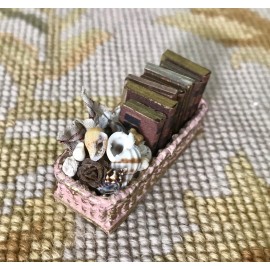 Pat Tyler Dollhouse Miniature Wicker Basket Decorated Books Fabric Shells 129