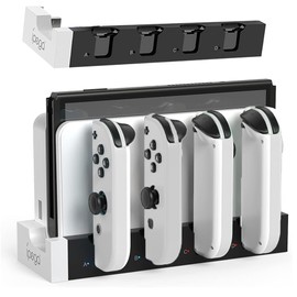 Switch & Switch Organic EL Joy-Con Charging Stand for Joy-Con Controller Charging, Storage, Integrated Type, Can Charge 4 Devices Simultaneously, Joycon Right/Left, Rapid Charger, LED Charging Indicator Lamp Included (Black and White)