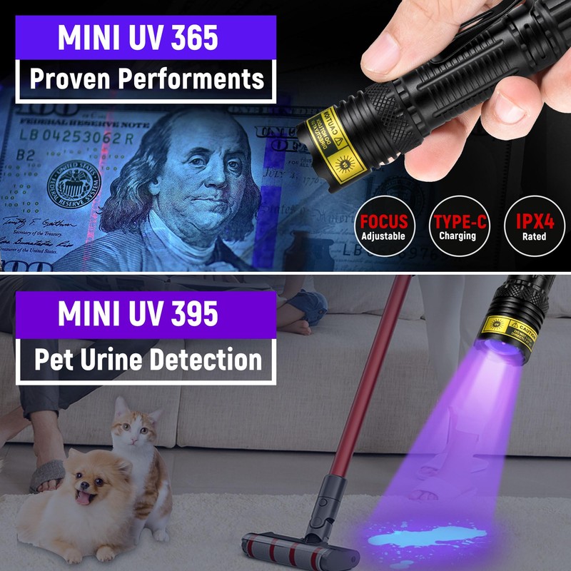 DARKDAWN UV Flashlight 365&395nm Black Light Mini USB Rechargeable Ultraviolet