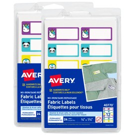 Avery No-Iron Fabric Name Labels, Cute Animals Preprinted Designs, Handwrite-Only, 2-Pack, 48 Preprinted Labels (21958)