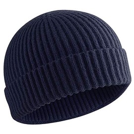 choshion 50% Wool Short Knit Fisherman Beanie for Men Women Winter Cuffed Hats,Navy Blue