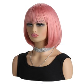 MIPPER 11.8Inch/30cm Women's Short Straight Wig Bob Wig With Bangs Synthetic Wig (Pink)