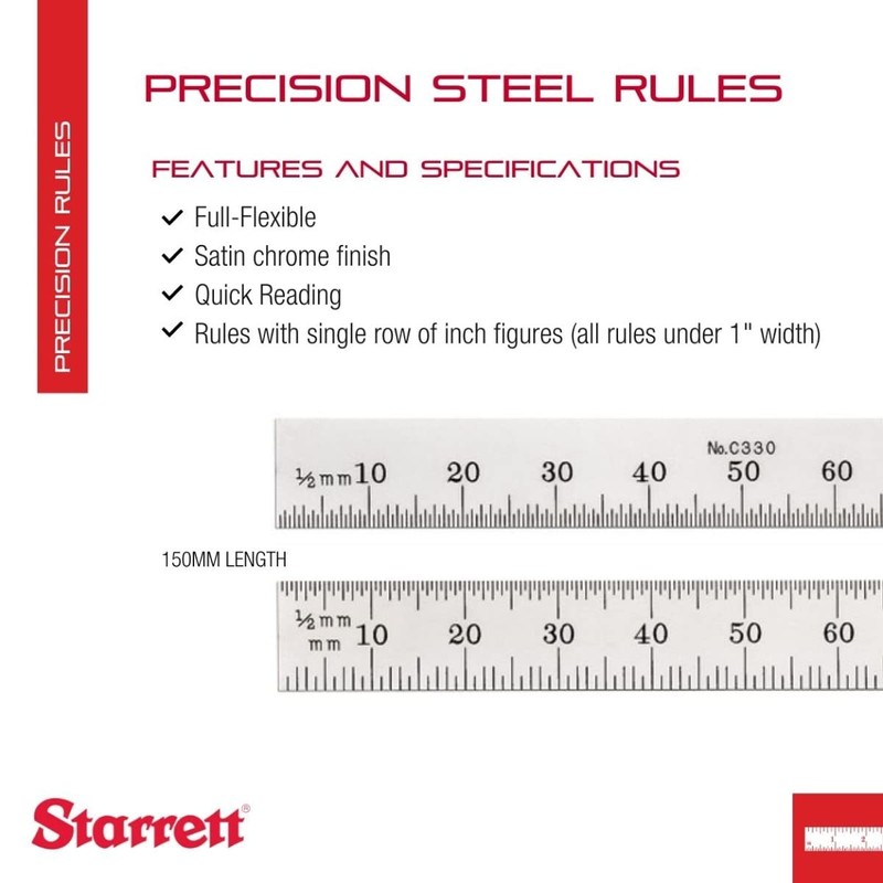 Starrett Full Flexible Steel Rule with Satin Chrome Finish, Quick