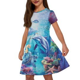 Uourmeti Ocean Turtle Dolphin Girls Casual Dress Size 7-8 Kids Short Sleeve Dresses Round Neck Dance Dress Knee Length A-line Twirly Dress for Teens Summer Dresses Skater Swing Dress