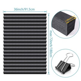SEEYE Blackout Temporary Blinds Cordless Shades Fabric Pleated Fabric Shade Easy to Cut and Install, 36" W x 72" L - 3 Pack, Black, with 6 Clips