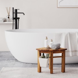 Teak Corner Shower Bench, Waterproof Bathroom Teak Shower Bench, Sturdy Non-Slip Bath Shower Foot Stool for Shaving Legs with Storage Basket