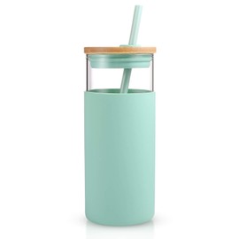 Tronco 20 oz Glass Tumbler with Lid and Straw, Iced Coffee Cup and Smoothie Cup with Bamboo Lids & Protective Silicone Sleeve, Dishwasher Safe, BPA-Free, Glass Cup 1 Pack