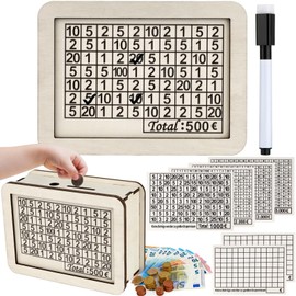 Wooden Money Saving Box, Wooden Cash Saving Box with Counter, Reusable Cash Vault Wood Saving Box with 6 Target Stickers and Erasable Pen, Saving Challenge Box for Kids, Adults-Euro Version