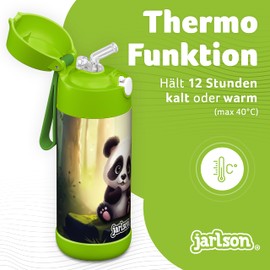 JARLSON® Charli Children's Stainless Steel Water Bottle with Straw - Thermos Flask 350 ml - TÜV Tested - BPA Free - Leak-Proof - Thermal Water Bottle for School, Nursery - Panda, 350 ml