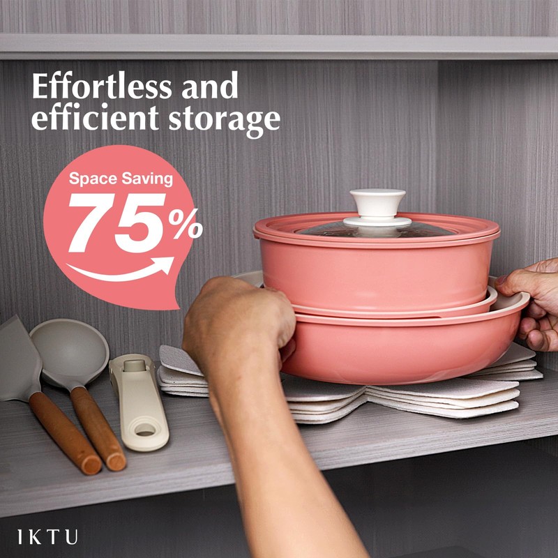 IKTU Ceramic Pots and Pans Set Non Stick Pink, 19