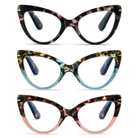 MMOWW Cat Eye Reading Glasses for Women Fashion Cute Blue Light Blocking Readers 3 Pack, Grey Tortoise/Blue Tortoise/Pink Tortoise +1.5