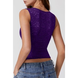 QINSEN Women's Square Neck Crop Top for Summer Casual Lace Trim Sleeveless Tank Top Purple L