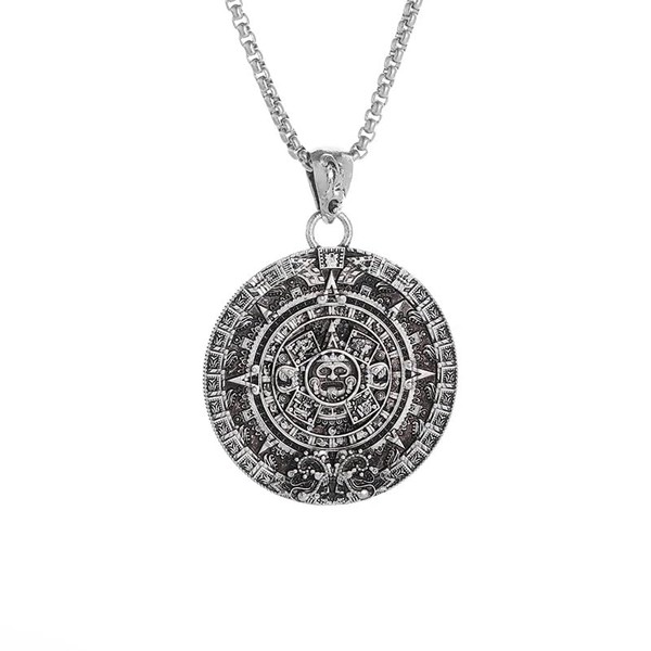 Luck Trader Ancient Aztec Calendar Pendant Necklace, Large Silver-tone Medallion,