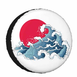 Waves and Sun Spare Tire Cover for RV Trailer Japanese Abstract Blue and White Ocean Wave and Sun Wheel Protectors Weatherproof Polyester Tire Case for All Cars SUV Camper Travel 15 inch