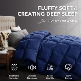 Dreamhood Luxury 90% Goose Feathers Comforter Oversized Queen Size, All Season 100% Cotton Down Duvet Insert, Retro Decoration Medium Warmth Hotel Bed Comforter with 8 Corner Tabs (Navy,98x98 Inches)