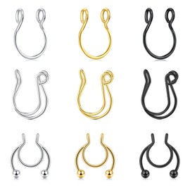 Longita Faux Septum Nose Rings - 9pcs Set (3 Styles, 3 Colors) - Non Piercing, Clip On - Stainless Steel - 5/16" (8mm) & 3/8" (10mm) - Fashion Jewelry