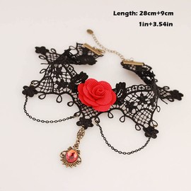 Prosy Gothic Black Lace Choker Necklace Gold Red Rose Flower Gemstones Collar Necklaces Adjustable for Women and Girls (B)