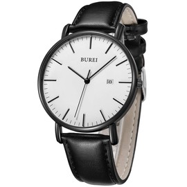 BUREI Men’s Watches, Ultra Thin, Black, Minimalist Quartz with Date Display and Leather Watch Band
